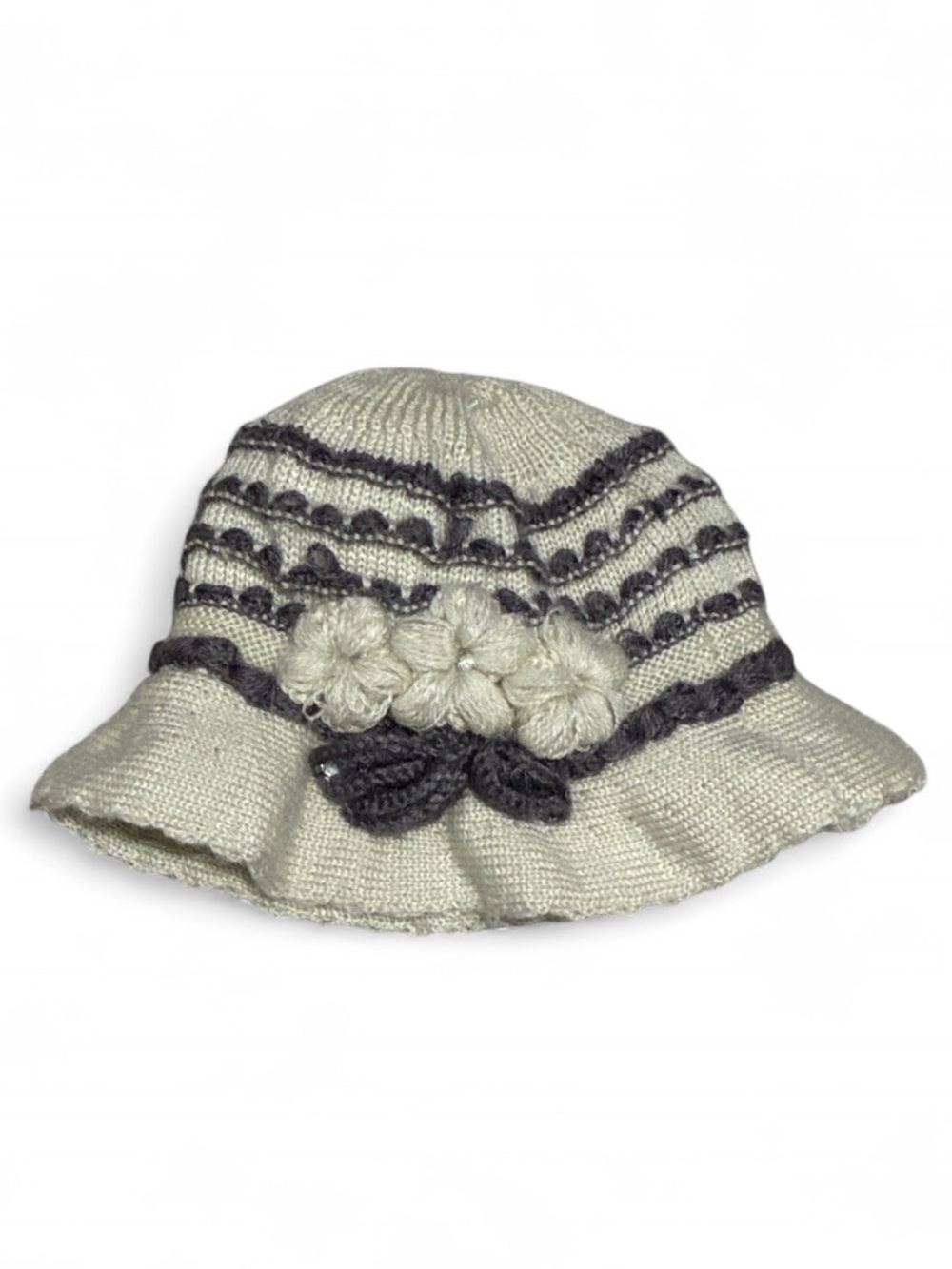 Coquette Cottagecore Cream and Gray Floral Knit Bucket Hat